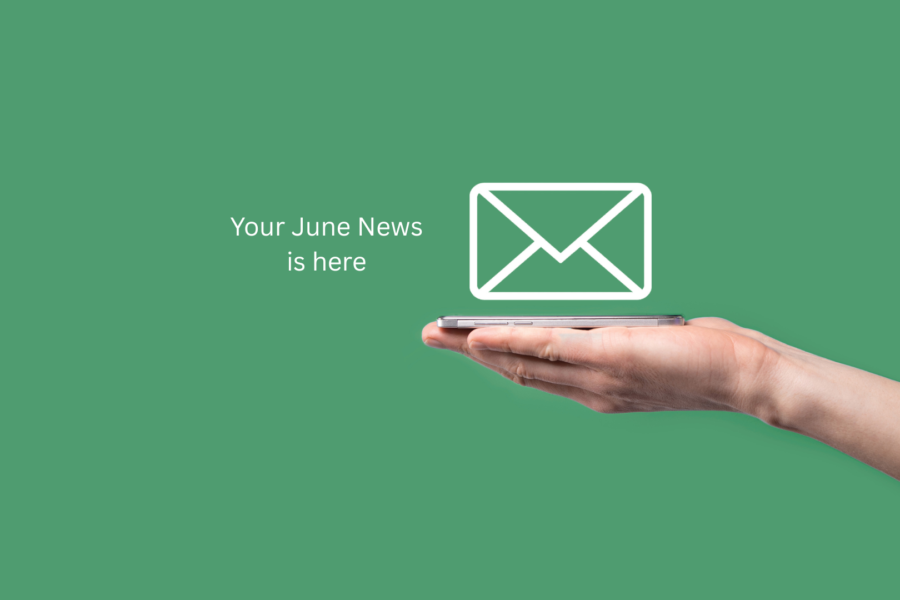 Envelope image on green background, highlighting June newsletter now available